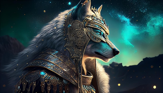 Um lobo usando um capacete com uma estrela nele