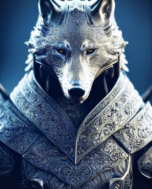 Um lobo vestindo uma armadura de prata com uma corrente de prata em volta do pescoço.