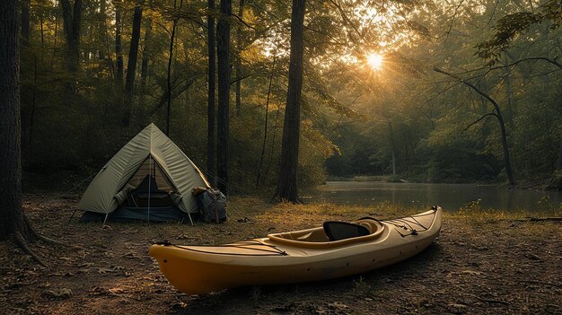 Um local de acampamento isolado em uma clareira florestal com um caiaque e uma tenda ao amanhecer