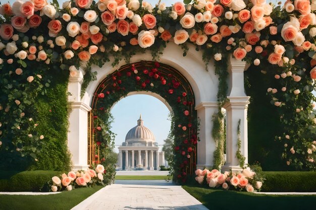 Um local de casamento com um arco branco e rosas vermelhas.