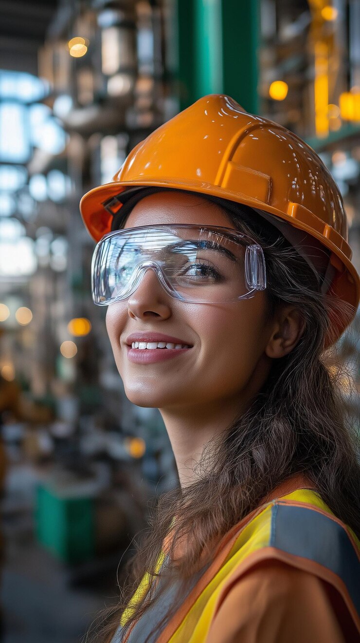 Um local de construção animado com um grupo diversificado de mulheres usando capacetes de segurança com máquinas industriais e edifícios no fundo