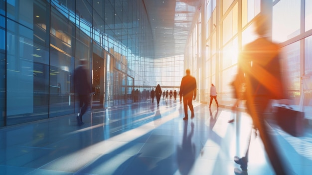 Um local de trabalho de negócios brilhante pessoas caminhando em movimento desfocado vestindo trajes de negócios modernos em meio a tecnologia elegante e móveis de escritório contemporâneos Filtros de luz solar através de la AI Generative