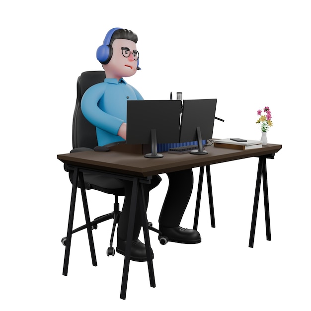 Um locutor de rádio masculino senta-se com um computador na mesa enquanto digita no teclado