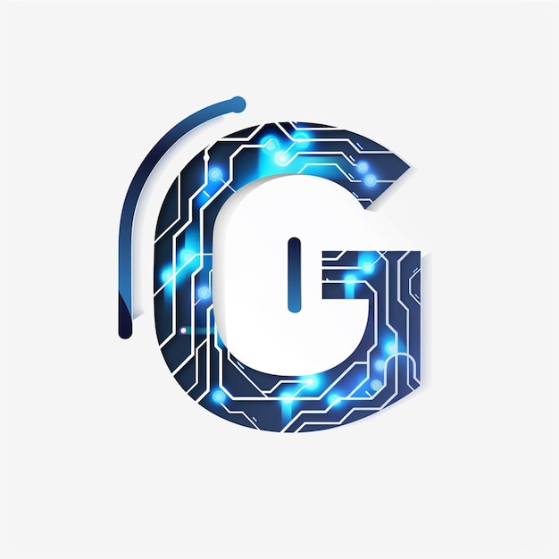 Foto um logotipo azul e branco com a letra g