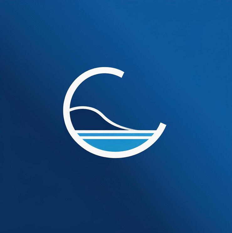 Foto um logotipo azul e branco com uma seta branca.