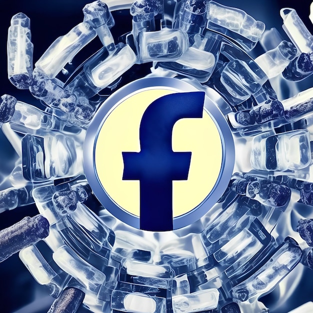 Um logotipo azul e branco do Facebook está em um círculo com outros objetos ao seu redor.