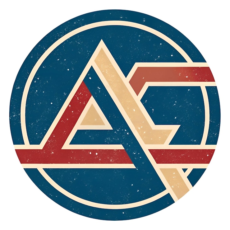 Foto um logotipo circular inspirado no vintage com um a estilizado em vermelho, bege e azul