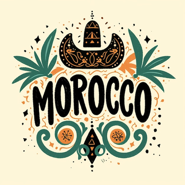 Um logotipo colorido de uma árvore no fundo A palavra Marrocos está escrita no centro