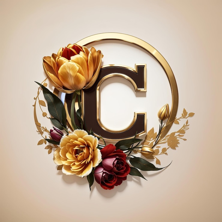 Foto um logotipo combinando as letras cercadas por tulipas e rosas o logotipo é circular dourado e marrom