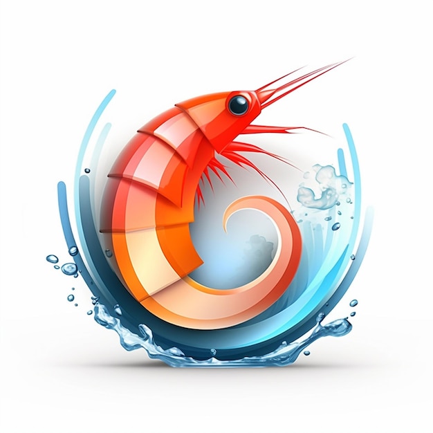 Um logotipo de camarão vermelho é cercado por uma onda