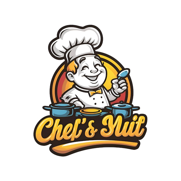 um logotipo de chefs com um chapéu de chefs e uma colher em uma panela de nozes