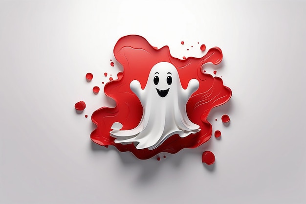 Um logotipo fantasma de cor vermelha com uma expressão fofa e divertida flutuando contra um fundo de papel branco