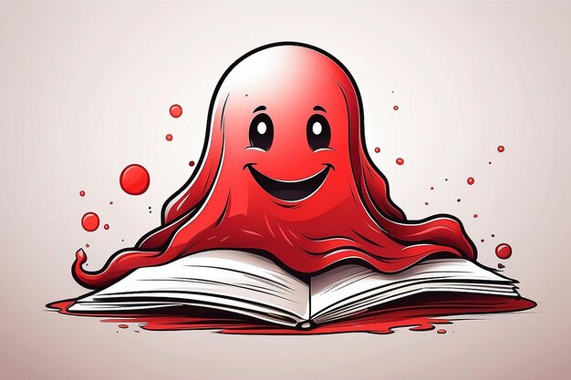 Um logotipo fantasma de cor vermelha com uma expressão fofa e divertida flutuando contra um fundo de papel branco