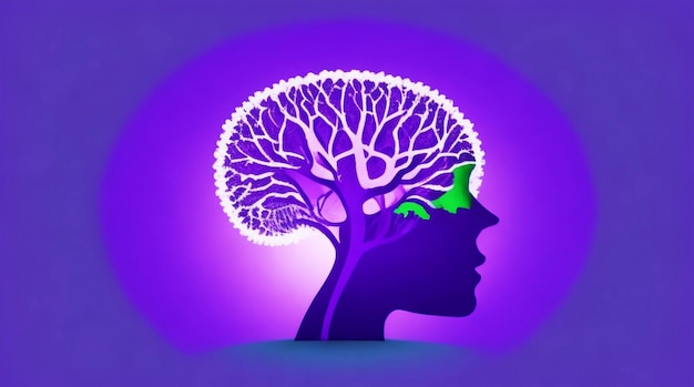 Um logotipo roxo moderno com a silhueta de um cérebro no centro