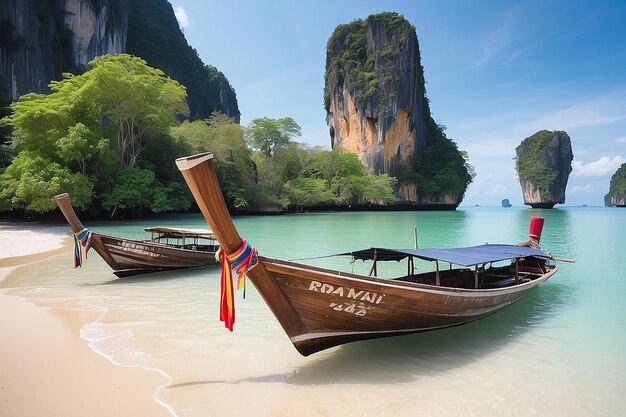 Um longo barco e rochas na praia de Krabi, na Tailândia