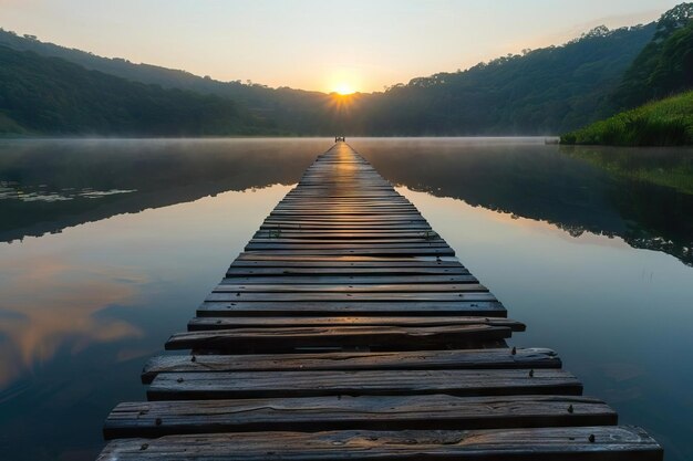 Um longo cais de madeira que se estende até um lago sereno ao nascer do sol, proporcionando um cenário pacífico e reflexivo perfeito para temas de meditação e bem-estar.