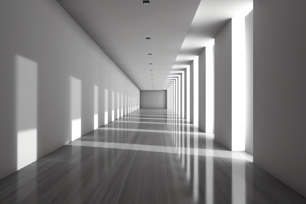 Um longo corredor branco com piso preto e paredes brancas.