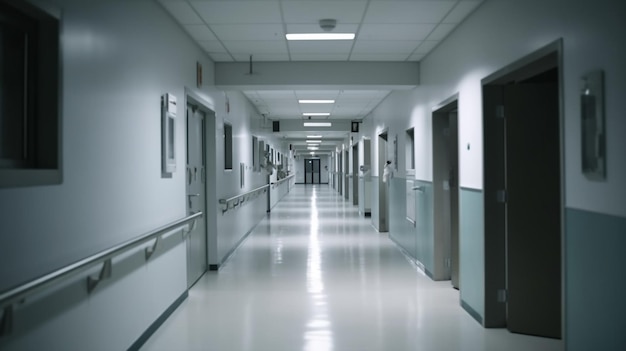 Um longo corredor com uma fileira de portas de hospital.