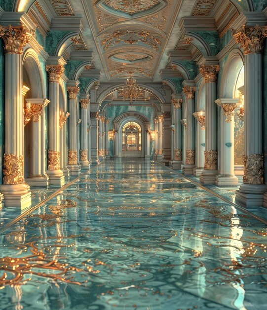 Um longo corredor de mármore reflexivo e brilhante.