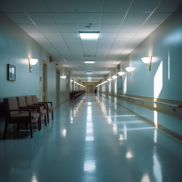 Foto um longo corredor num hospital.