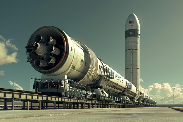 Foto um longo trem de foguetes está estacionado em uma pista