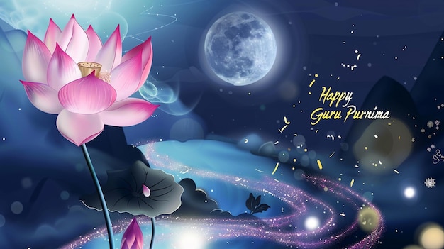um lótus rosa com uma lua cheia ao fundo