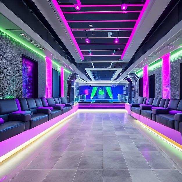 Um lounge roxo e verde com um bar ao fundo.