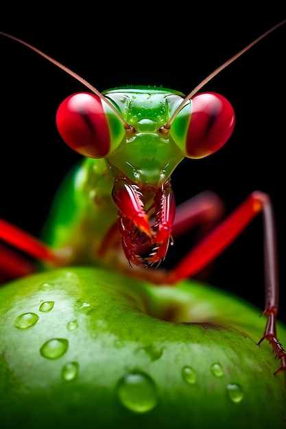 Foto um louva-a-deus com olhos vermelhos senta-se em uma maçã.