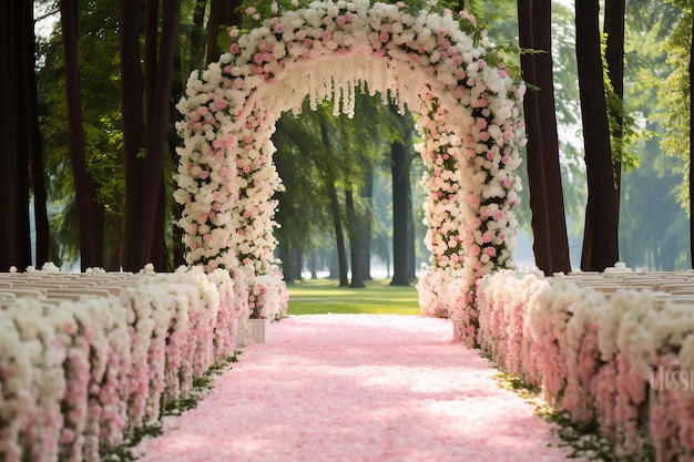 Um lugar romântico um parque em flor e um arco requintadamente decorado com flores um tapete espalhado