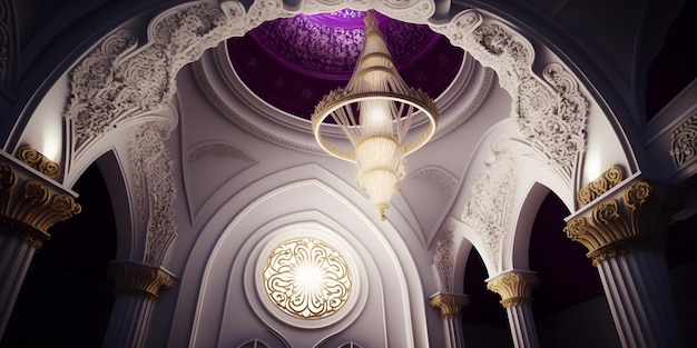 Um lustre pende do teto de uma sala com uma cúpula e luzes roxas.
