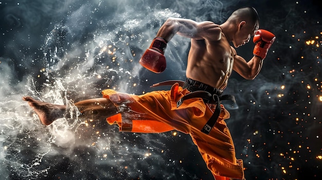 Um lutador de artes marciais intensas realizando um chute de alta potência com energia explosiva e faíscas de fogo