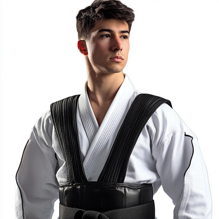 Foto um lutador de taekwondo com um cinto dobok e protetor de peito