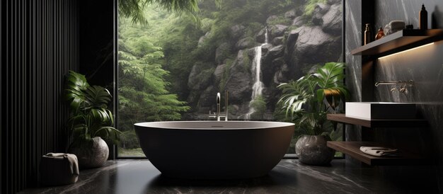 um luxuoso banheiro escuro com uma banheira de vidro e mármore preto