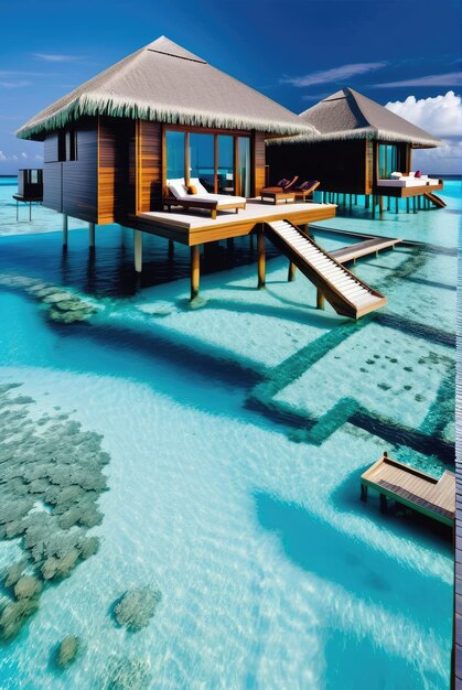 Um luxuoso bungalow aquático situado nas águas cristalinas das Maldivas