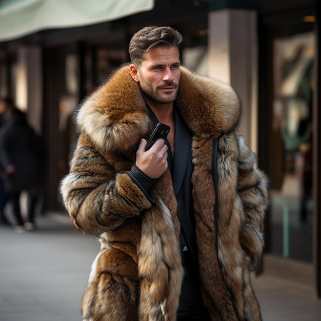 Um luxuoso casaco de pele feito da pele mais macia e quente em estilo simples e elegante