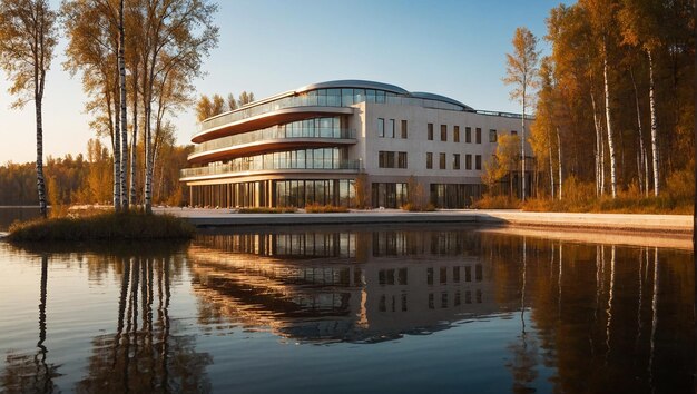 Foto um luxuoso hotel de 5 estrelas na margem plana do rio volga, cercado por florestas de bétulas.