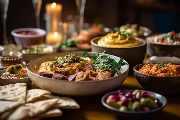 Um luxuoso mezze árabe com hummus baba ganoush falafel e azeitonas