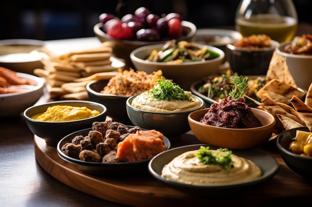 Um luxuoso mezze árabe com hummus baba ganoush falafel e azeitonas