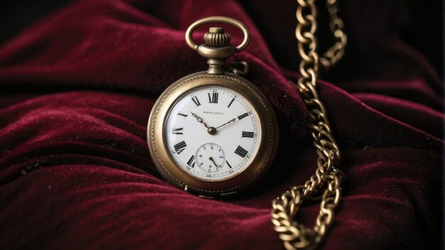 Um luxuoso relógio de bolso repousa sobre um rico veludo roxo e um tecido de brocado dourado