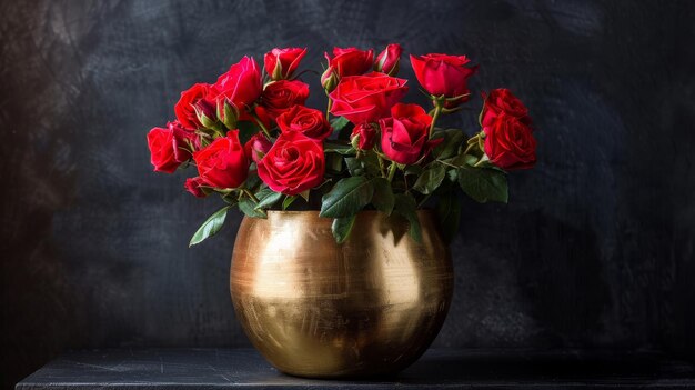 Um luxuoso vaso de ouro transborda com rosas vermelhas vibrantes em uma mesa