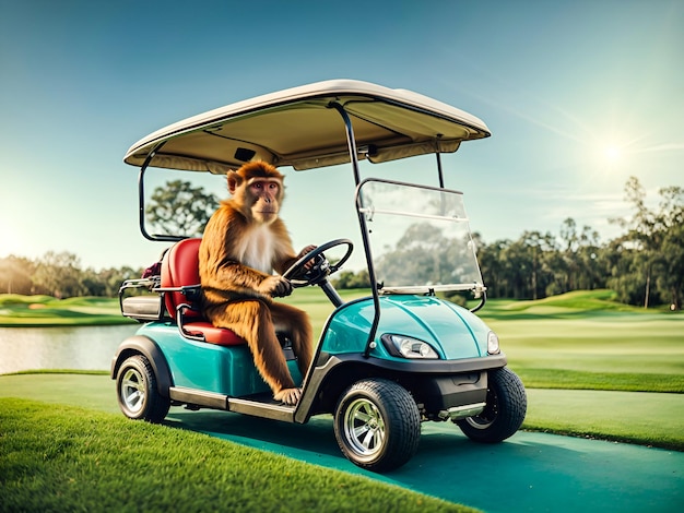 Foto um macaco a conduzir um carrinho de golfe.