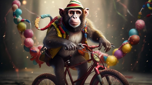 Um macaco andando de bicicleta em um show de circo vestido com IA Generativa