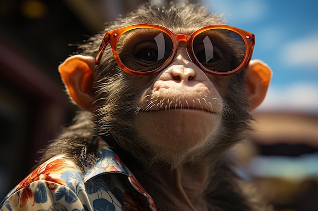 um macaco atrevido vestindo uma camisa havaiana e óculos de sol gerados por IA