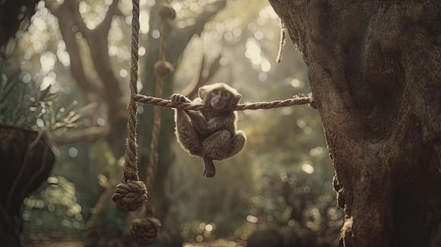 um macaco balançando de uma árvore na floresta