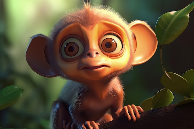 Um macaco bebê com olhos grandes senta-se em um galho.