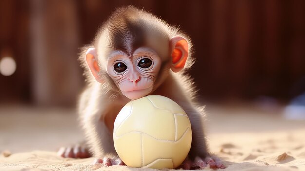 Um macaco bonito a brincar com uma bola no chão da sala.