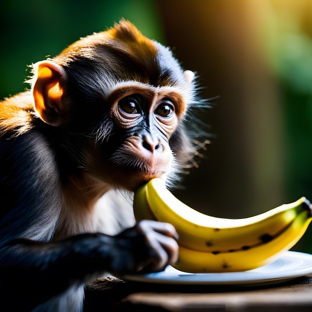 Um macaco bonito a comer banana.