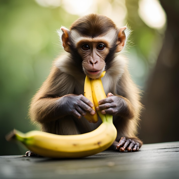 Um macaco bonito a comer banana.