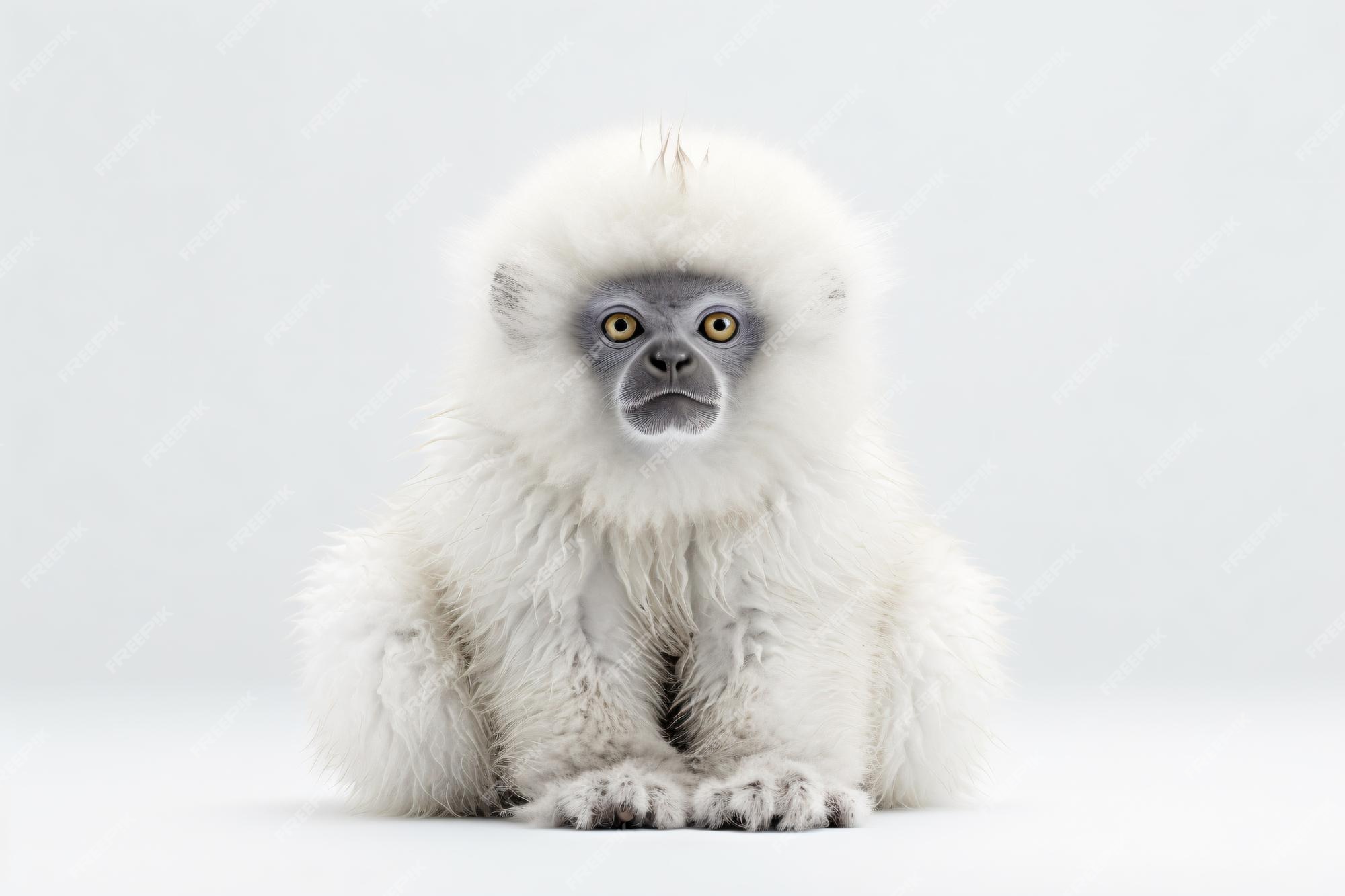 Um macaco branco sentado em uma superfície branca