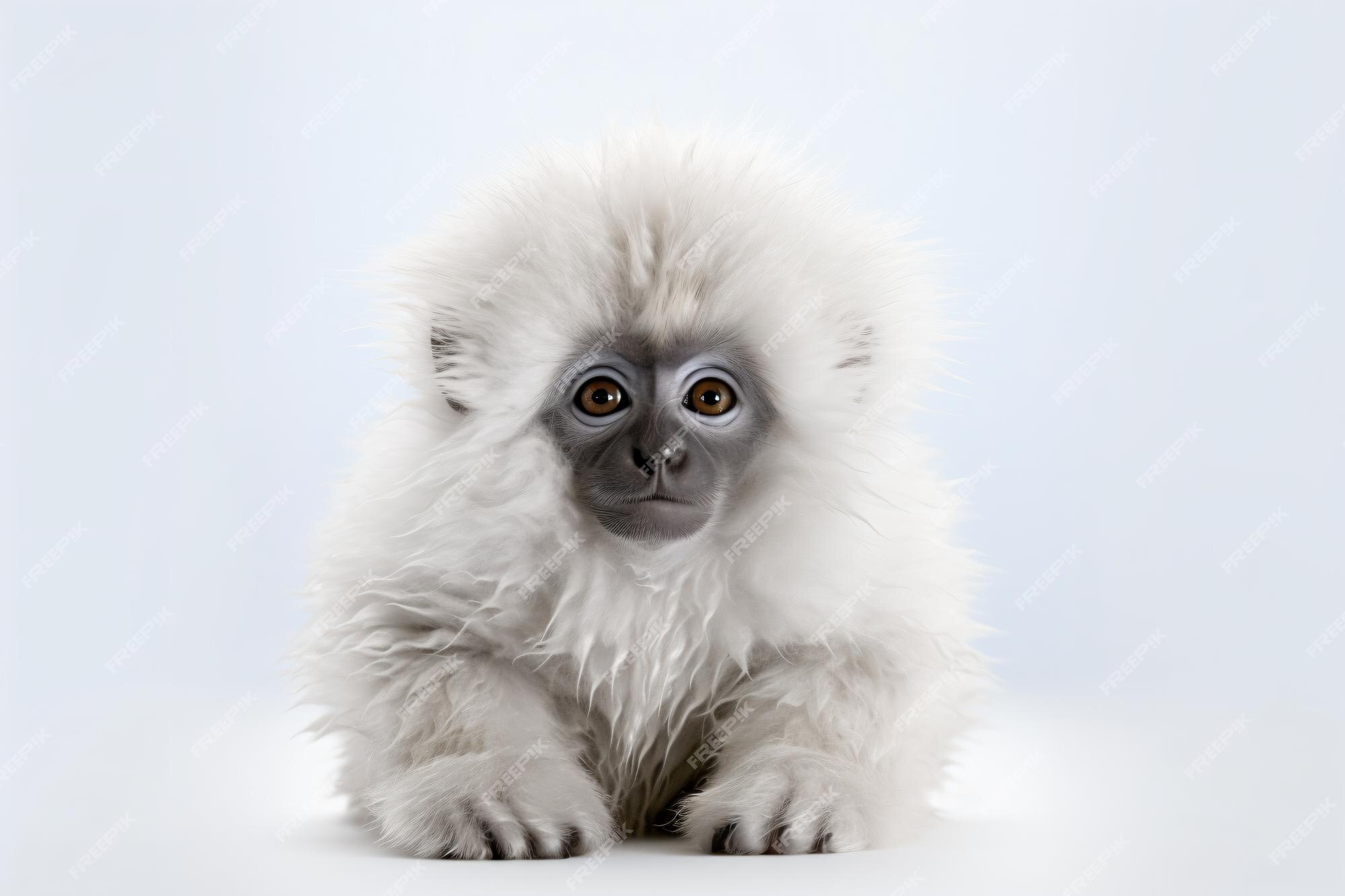 Um pequeno macaco branco sentado em uma superfície branca